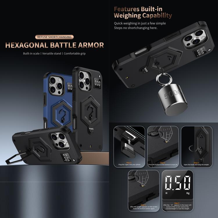 Hexagon Armor Magnetic Holder Weighing Scale Phone Case, For iPhone 16, For iPhone 15 Pro Max, For iPhone 15 Pro, For iPhone 15 Plus, For iPhone 15, For iPhone 14 Plus