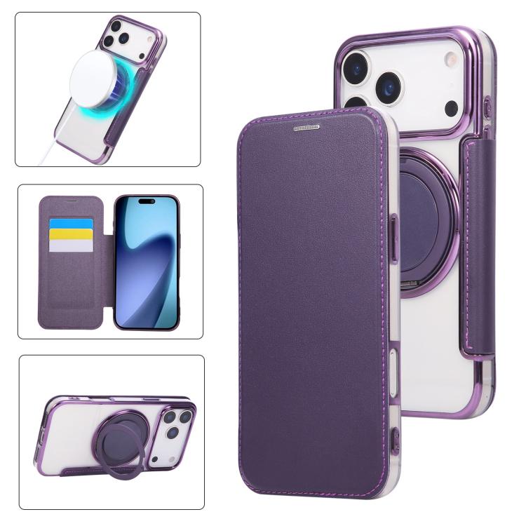 Ultra-thin Rotation Holder Magnetic Plating Vegan Leather Phone Case, For iPhone 17e / 16e, For iPhone 17 Pro Max, For iPhone 17 Pro, For iPhone 17, For iPhone Air, For iPhone 16 Pro Max