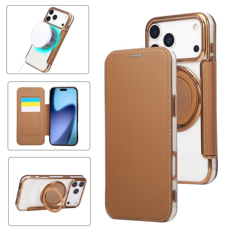 Ultra-thin Rotation Holder Magnetic Plating Vegan Leather Phone Case, For iPhone 17e / 16e, For iPhone 17 Pro Max, For iPhone 17 Pro, For iPhone 17, For iPhone Air, For iPhone 16 Pro Max