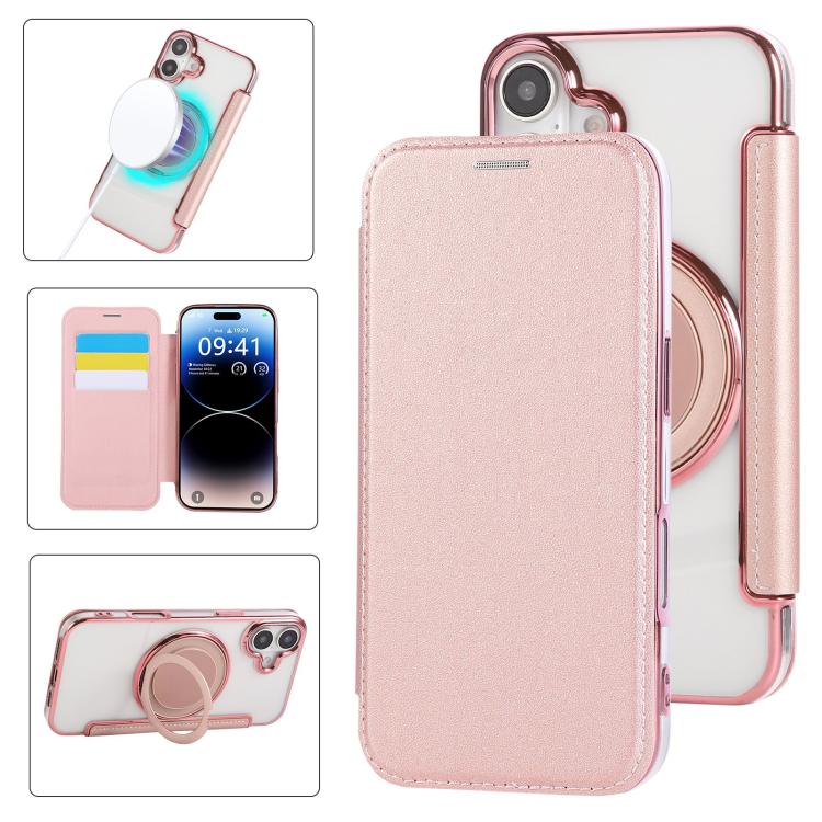 Ultra-thin Rotation Holder Magnetic Plating Vegan Leather Phone Case, For iPhone 17e / 16e, For iPhone 17 Pro Max, For iPhone 17 Pro, For iPhone 17, For iPhone Air, For iPhone 16 Pro Max