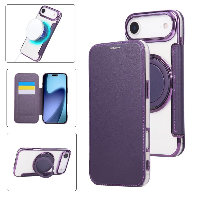 Ultra-thin Rotation Holder Magnetic Plating Vegan Leather Phone Case, For iPhone 17e / 16e, For iPhone 17 Pro Max, For iPhone 17 Pro, For iPhone 17, For iPhone Air, For iPhone 16 Pro Max