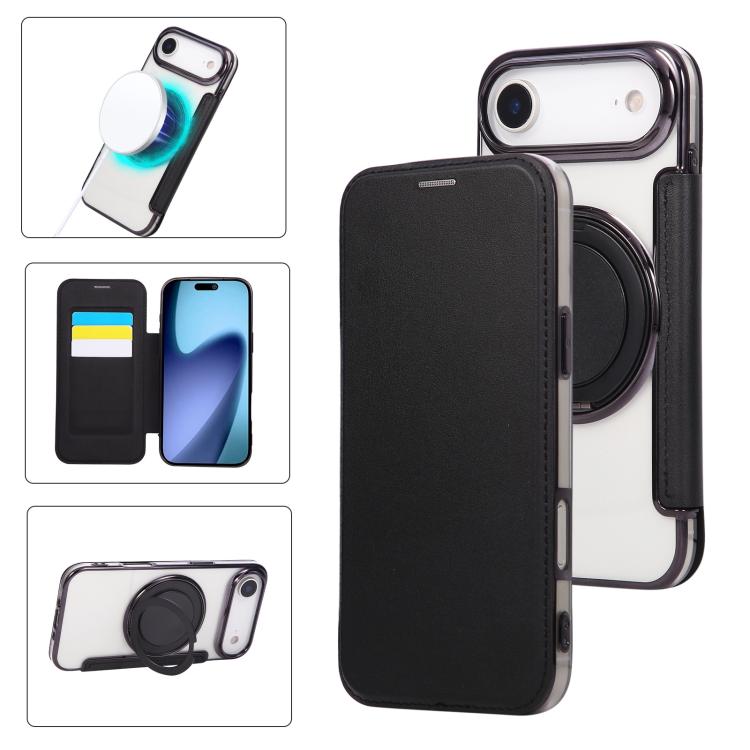 Ultra-thin Rotation Holder Magnetic Plating Vegan Leather Phone Case, For iPhone 17e / 16e, For iPhone 17 Pro Max, For iPhone 17 Pro, For iPhone 17, For iPhone Air, For iPhone 16 Pro Max