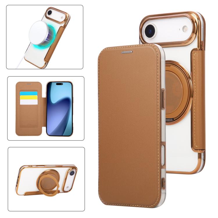 Ultra-thin Rotation Holder Magnetic Plating Vegan Leather Phone Case, For iPhone 17e / 16e, For iPhone 17 Pro Max, For iPhone 17 Pro, For iPhone 17, For iPhone Air, For iPhone 16 Pro Max