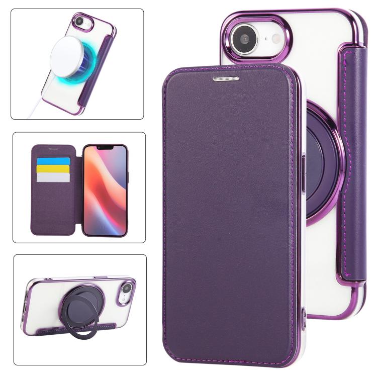 Ultra-thin Rotation Holder Magnetic Plating Vegan Leather Phone Case, For iPhone 17e / 16e, For iPhone 17 Pro Max, For iPhone 17 Pro, For iPhone 17, For iPhone Air, For iPhone 16 Pro Max