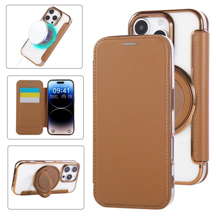 Ultra-thin Rotation Holder Magnetic Plating Vegan Leather Phone Case, For iPhone 17e / 16e, For iPhone 17 Pro Max, For iPhone 17 Pro, For iPhone 17, For iPhone Air, For iPhone 16 Pro Max
