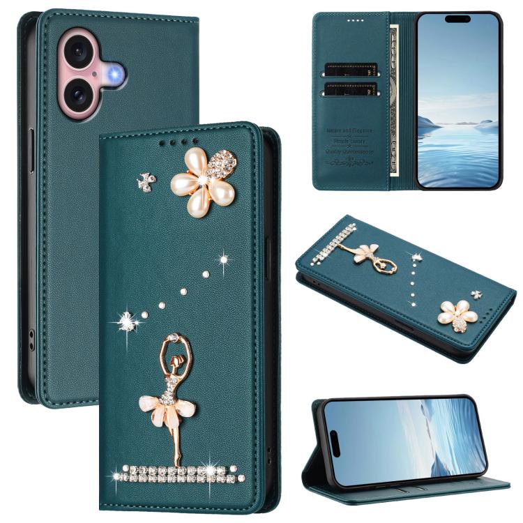 Ballet Girl Diamond Studded RFID Vegan Leather Phone Case, For iPhone 16 Pro, For iPhone 16 Plus, For iPhone 16, For iPhone 15 Pro Max, For iPhone 15 Pro, For iPhone 15 Plus
