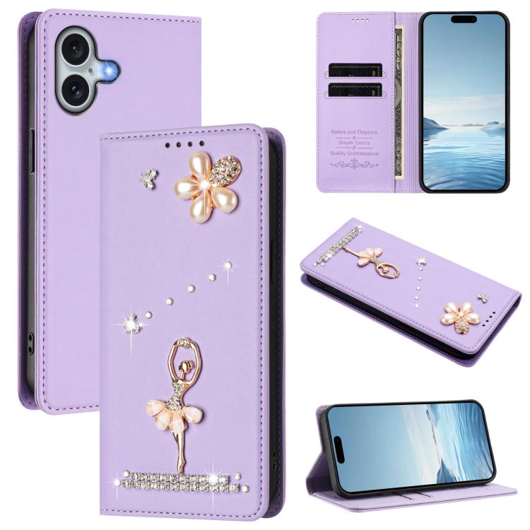 Ballet Girl Diamond Studded RFID Vegan Leather Phone Case, For iPhone 16 Pro, For iPhone 16 Plus, For iPhone 16, For iPhone 15 Pro Max, For iPhone 15 Pro, For iPhone 15 Plus