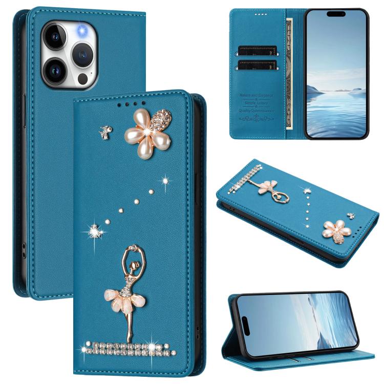 Ballet Girl Diamond Studded RFID Vegan Leather Phone Case, For iPhone 17e / 16e, For iPhone 17 Pro Max, For iPhone 17 Pro, For iPhone 17, For iPhone Air, For iPhone 16 Pro Max