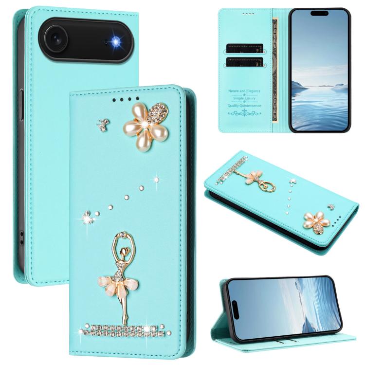 Ballet Girl Diamond Studded RFID Vegan Leather Phone Case, For iPhone 17e / 16e, For iPhone 17 Pro Max, For iPhone 17 Pro, For iPhone 17, For iPhone Air, For iPhone 16 Pro Max