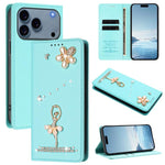 Ballet Girl Diamond Studded RFID Vegan Leather Phone Case, For iPhone 17e / 16e, For iPhone 17 Pro Max, For iPhone 17 Pro, For iPhone 17, For iPhone Air, For iPhone 16 Pro Max