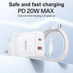 Yesido YC152 PD20W USB-C / Type-C and QC18W USB-A Dual Ports Charger Set with Type-C to Type-C Cable, YC152