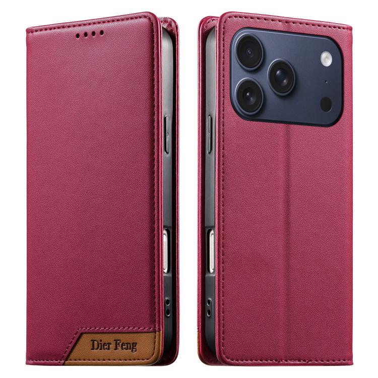 Dierfeng Splicing Strong Magnetic RFID Vegan Leather Phone Case, For iPhone 17e / 16e, For iPhone 17 Pro Max, For iPhone 17 Pro, For iPhone 17, For iPhone Air, For iPhone 16 Pro Max, For iPhone 16 Pro, For iPhone 16 Plus