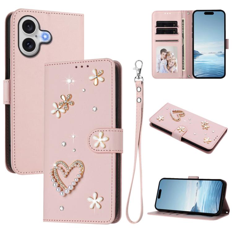 ZS01 Double-Layer Heart Floral Vegan Leather Phone Case with Wrist Strap, For iPhone 17e / 16e, For iPhone 17 Pro Max, For iPhone 17 Pro, For iPhone 17, For iPhone Air, For iPhone 16 Pro Max