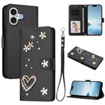ZS01 Double-Layer Heart Floral Vegan Leather Phone Case with Wrist Strap, For iPhone 17e / 16e, For iPhone 17 Pro Max, For iPhone 17 Pro, For iPhone 17, For iPhone Air, For iPhone 16 Pro Max