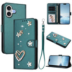 ZS01 Double-Layer Heart Floral Vegan Leather Phone Case with Wrist Strap, For iPhone 17e / 16e, For iPhone 17 Pro Max, For iPhone 17 Pro, For iPhone 17, For iPhone Air, For iPhone 16 Pro Max