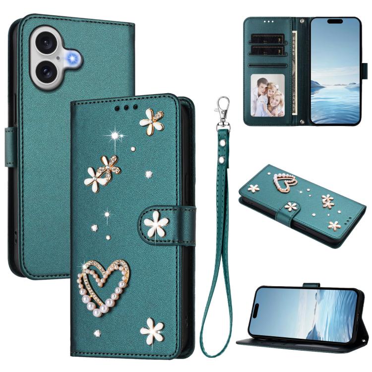 ZS01 Double-Layer Heart Floral Vegan Leather Phone Case with Wrist Strap, For iPhone 17e / 16e, For iPhone 17 Pro Max, For iPhone 17 Pro, For iPhone 17, For iPhone Air, For iPhone 16 Pro Max