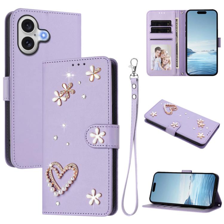 ZS01 Double-Layer Heart Floral Vegan Leather Phone Case with Wrist Strap, For iPhone 17e / 16e, For iPhone 17 Pro Max, For iPhone 17 Pro, For iPhone 17, For iPhone Air, For iPhone 16 Pro Max