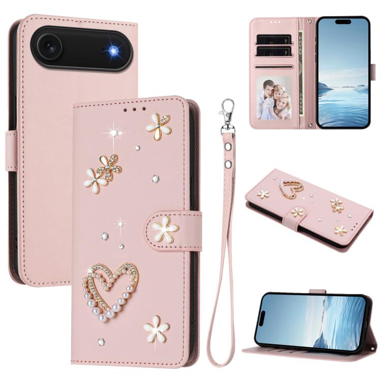 ZS01 Double-Layer Heart Floral Vegan Leather Phone Case with Wrist Strap, For iPhone 17e / 16e, For iPhone 17 Pro Max, For iPhone 17 Pro, For iPhone 17, For iPhone Air, For iPhone 16 Pro Max