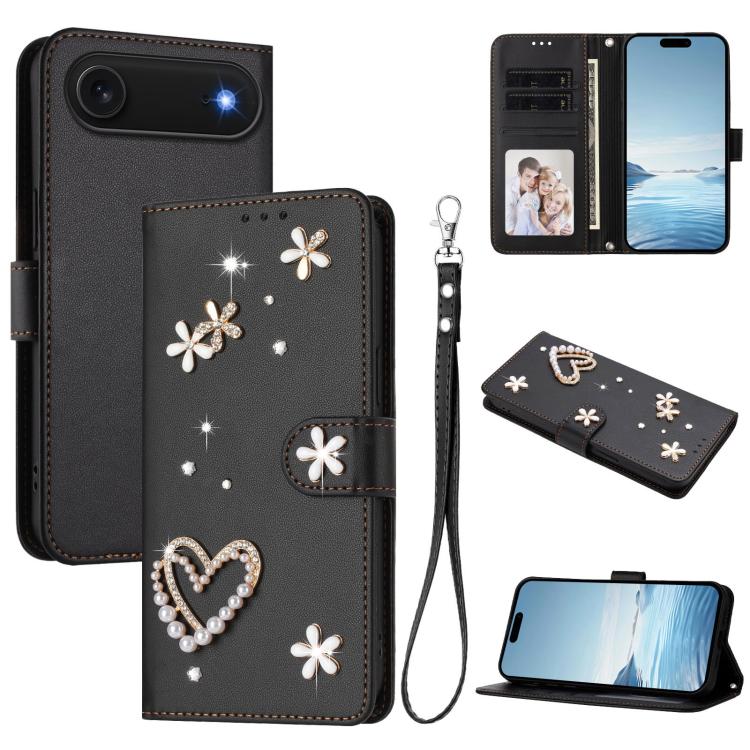 ZS01 Double-Layer Heart Floral Vegan Leather Phone Case with Wrist Strap, For iPhone 17e / 16e, For iPhone 17 Pro Max, For iPhone 17 Pro, For iPhone 17, For iPhone Air, For iPhone 16 Pro Max