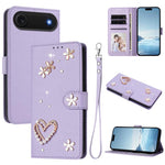 ZS01 Double-Layer Heart Floral Vegan Leather Phone Case with Wrist Strap, For iPhone 17e / 16e, For iPhone 17 Pro Max, For iPhone 17 Pro, For iPhone 17, For iPhone Air, For iPhone 16 Pro Max