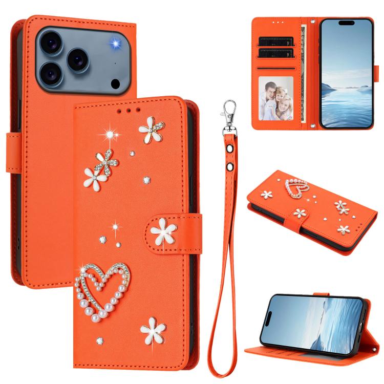 ZS01 Double-Layer Heart Floral Vegan Leather Phone Case with Wrist Strap, For iPhone 17e / 16e, For iPhone 17 Pro Max, For iPhone 17 Pro, For iPhone 17, For iPhone Air, For iPhone 16 Pro Max