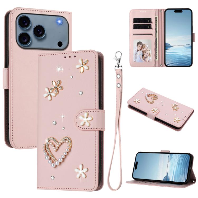 ZS01 Double-Layer Heart Floral Vegan Leather Phone Case with Wrist Strap, For iPhone 17e / 16e, For iPhone 17 Pro Max, For iPhone 17 Pro, For iPhone 17, For iPhone Air, For iPhone 16 Pro Max