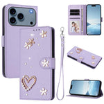 ZS01 Double-Layer Heart Floral Vegan Leather Phone Case with Wrist Strap, For iPhone 17e / 16e, For iPhone 17 Pro Max, For iPhone 17 Pro, For iPhone 17, For iPhone Air, For iPhone 16 Pro Max