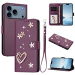 ZS01 Double-Layer Heart Floral Vegan Leather Phone Case with Wrist Strap, For iPhone 17e / 16e, For iPhone 17 Pro Max, For iPhone 17 Pro, For iPhone 17, For iPhone Air, For iPhone 16 Pro Max