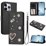 ZS01 Double-Layer Heart Floral Vegan Leather Phone Case with Wrist Strap, For iPhone 17e / 16e, For iPhone 17 Pro Max, For iPhone 17 Pro, For iPhone 17, For iPhone Air, For iPhone 16 Pro Max