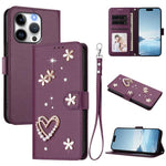 ZS01 Double-Layer Heart Floral Vegan Leather Phone Case with Wrist Strap, For iPhone 15, For iPhone 14 Plus, For iPhone 14 / 13, For iPhone 14 Pro, For iPhone 14 Pro Max, For iPhone 13 Pro Max