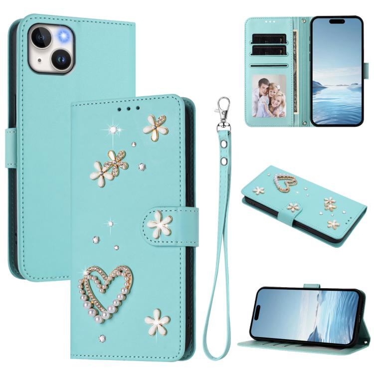 ZS01 Double-Layer Heart Floral Vegan Leather Phone Case with Wrist Strap, For iPhone 15, For iPhone 14 Plus, For iPhone 14 / 13, For iPhone 14 Pro, For iPhone 14 Pro Max, For iPhone 13 Pro Max
