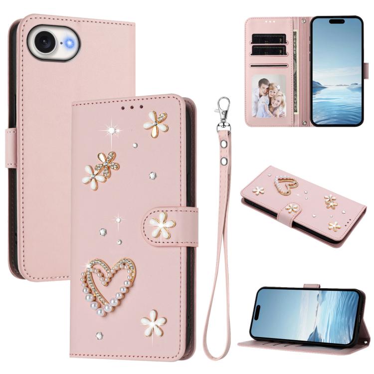 ZS01 Double-Layer Heart Floral Vegan Leather Phone Case with Wrist Strap, For iPhone 17e / 16e, For iPhone 17 Pro Max, For iPhone 17 Pro, For iPhone 17, For iPhone Air, For iPhone 16 Pro Max