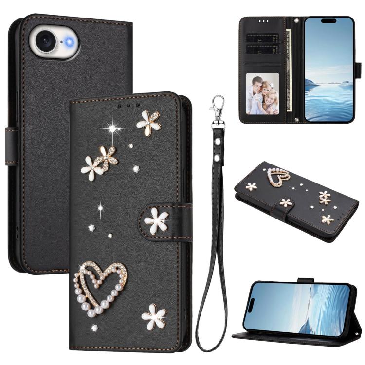 ZS01 Double-Layer Heart Floral Vegan Leather Phone Case with Wrist Strap, For iPhone 17e / 16e, For iPhone 17 Pro Max, For iPhone 17 Pro, For iPhone 17, For iPhone Air, For iPhone 16 Pro Max