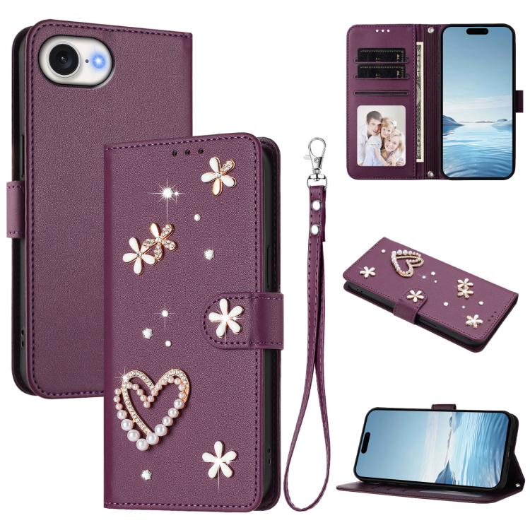 ZS01 Double-Layer Heart Floral Vegan Leather Phone Case with Wrist Strap, For iPhone 17e / 16e, For iPhone 17 Pro Max, For iPhone 17 Pro, For iPhone 17, For iPhone Air, For iPhone 16 Pro Max