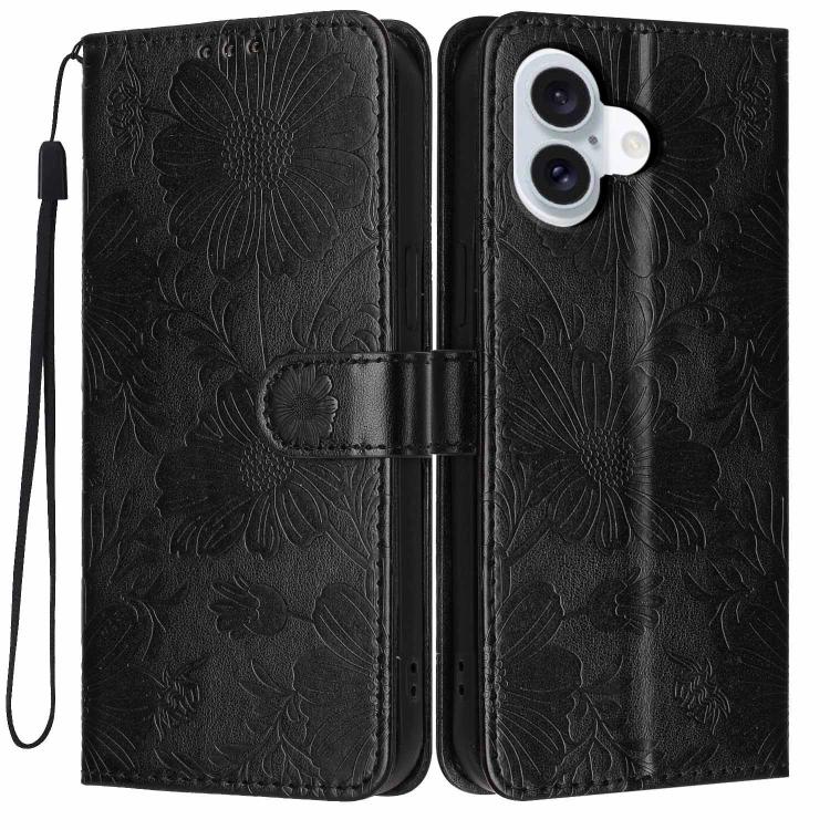 Sunflower Embossed Vegan Leather Phone Case with Small Black Rope, For iPhone 16, For iPhone 15 Pro Max, For iPhone 15 Pro, For iPhone 15 Plus, For iPhone 15, For iPhone 14 Plus, For iPhone 14, For iPhone 14 Pro