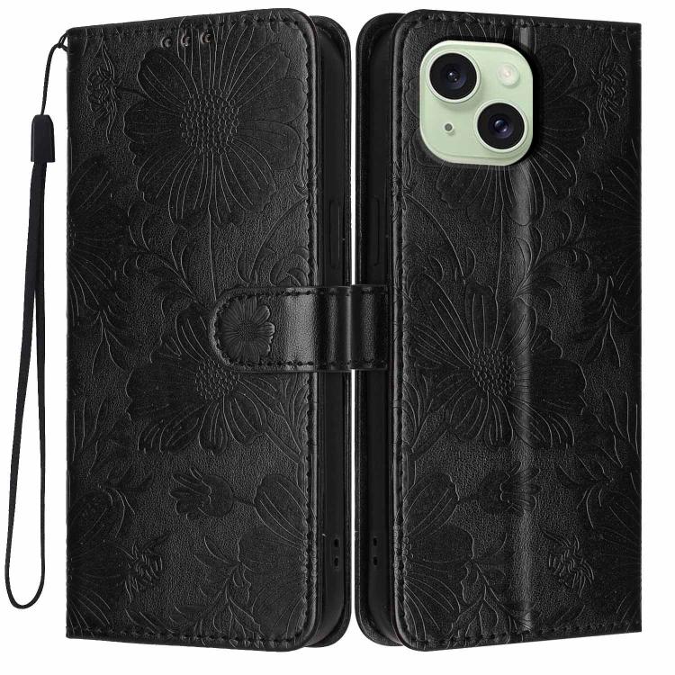 Sunflower Embossed Vegan Leather Phone Case with Small Black Rope, For iPhone 16, For iPhone 15 Pro Max, For iPhone 15 Pro, For iPhone 15 Plus, For iPhone 15, For iPhone 14 Plus, For iPhone 14, For iPhone 14 Pro