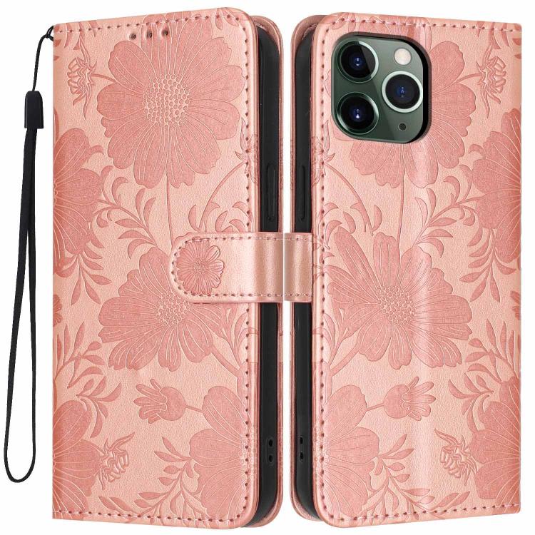 Sunflower Embossed Vegan Leather Phone Case with Small Black Rope, For iPhone 11 Pro Max, For iPhone 11