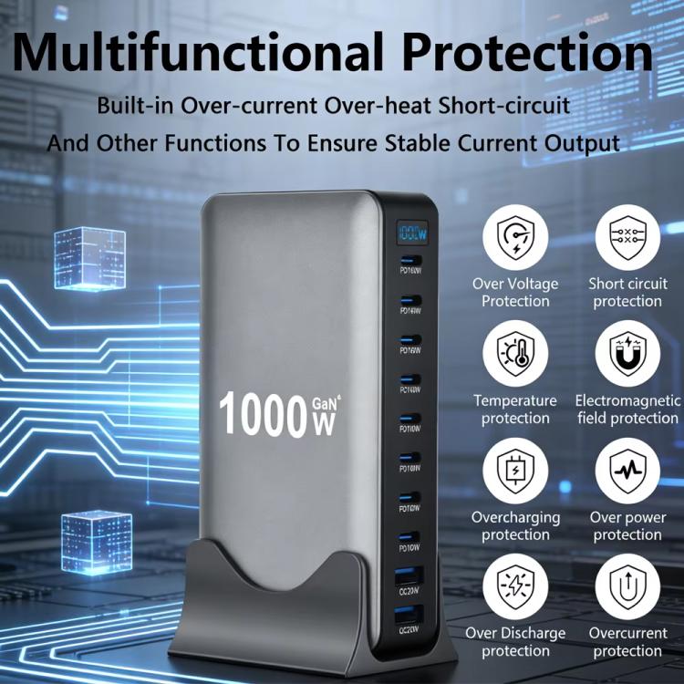YMX-1000W 1000W 8 x Type-C Ports and 2 x USB 10 Ports Digital Display Multi-functional Charger, AU Plug, EU Plug, UK Plug, US Plug