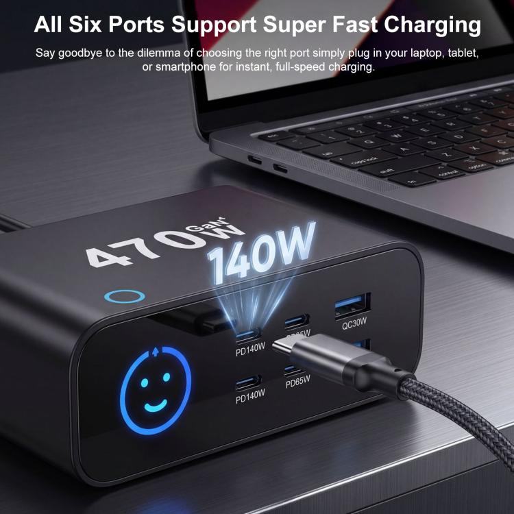 YMX-615-LCD470W 4xType-C and 2xUSB 470W GaN Multi-Function Charger, AU Plug, EU Plug, UK Plug, US Plug
