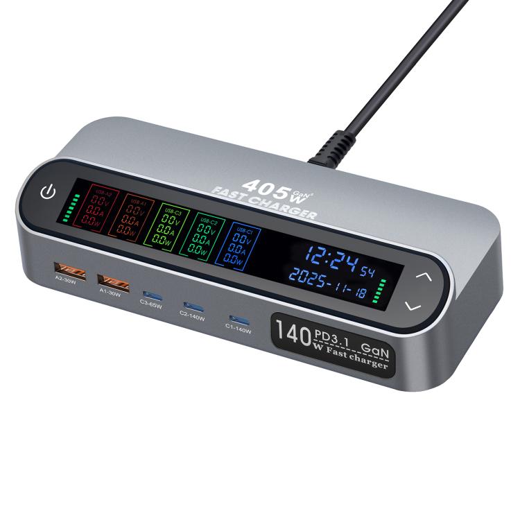 YMX-LCD405W 405W 3xType-C and 2xUSB GaN Smart Digital Display Multi-Function Charger, AU Plug, EU Plug, UK Plug, US Plug