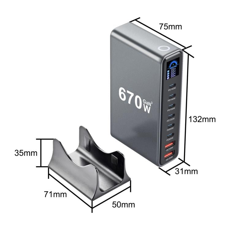 YMX-LCD670W 670W 6xType-C and 2xUSB GaN Digital Display Multi-Function Charger, AU Plug, EU Plug, UK Plug, US Plug