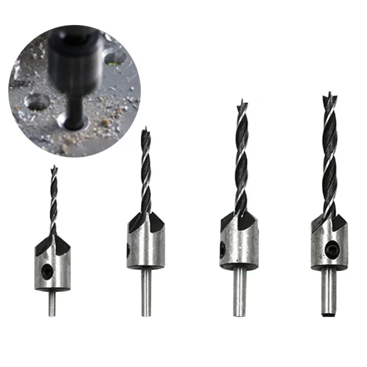 4 in 1 Woodworking Countersink Chamfer Three-Pointed High-Speed Steel Drill Bits Set, 3-6mm, 4 PCS/Set