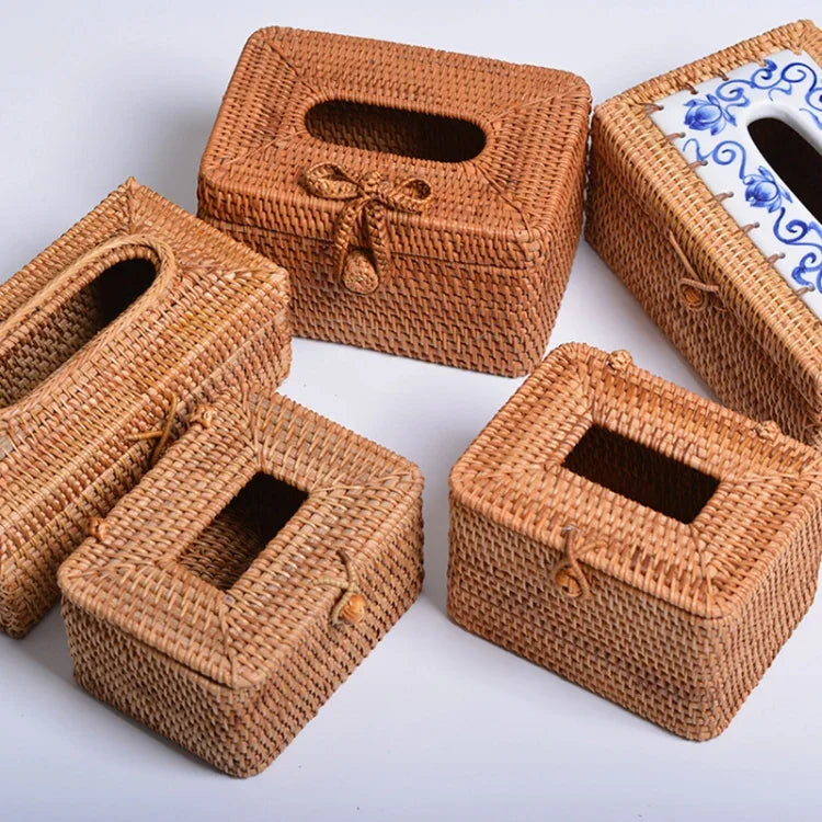ZJH01 Square Shape Restaurant Desktop Rattan Braided Tissue Storage Box Case, Square Shape
