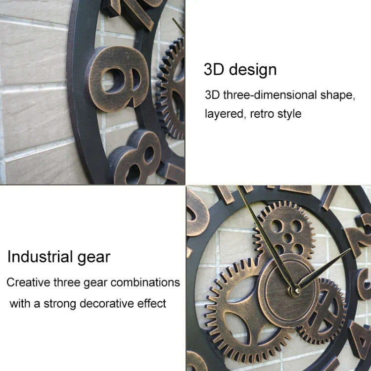 Retro Wooden Round Single-sided Gear Clock Rome Number Wall Clock, Diameter: 30cm, Rome Number 30cm
