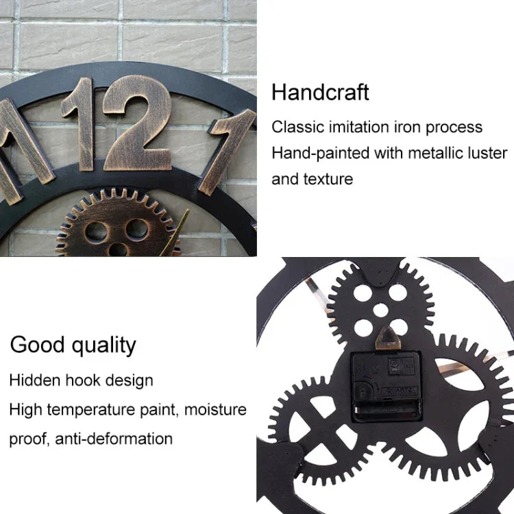 Retro Wooden Round Single-sided Gear Clock Number Wall Clock, Diameter: 40cm, Number 40cm, Number 40cm (Silver)