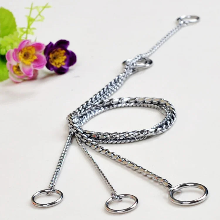 55cm dog training chain collar in silver, featuring dual rings and a flexible design for effective dog training.