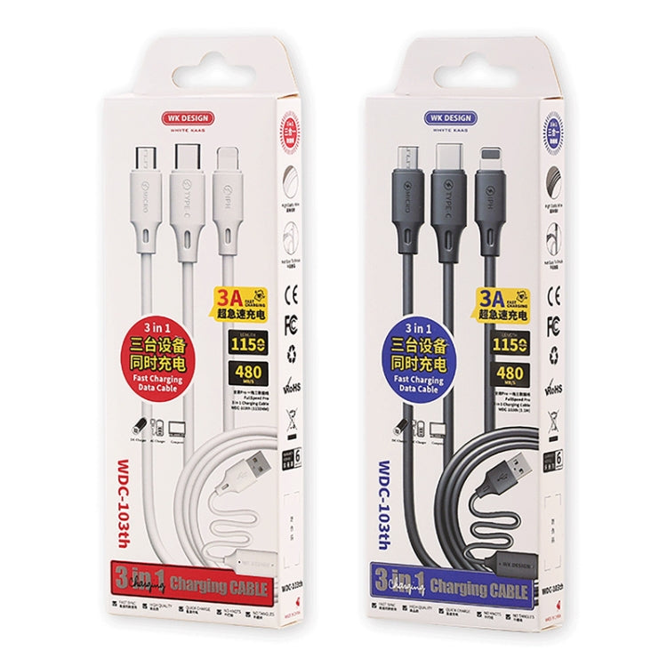 WK WDC-103 3A 3 In 1 8 Pin + Micro USB + Type-C / USB-C Fullspeed Pro Charging Data Cable, Length: 1.15m