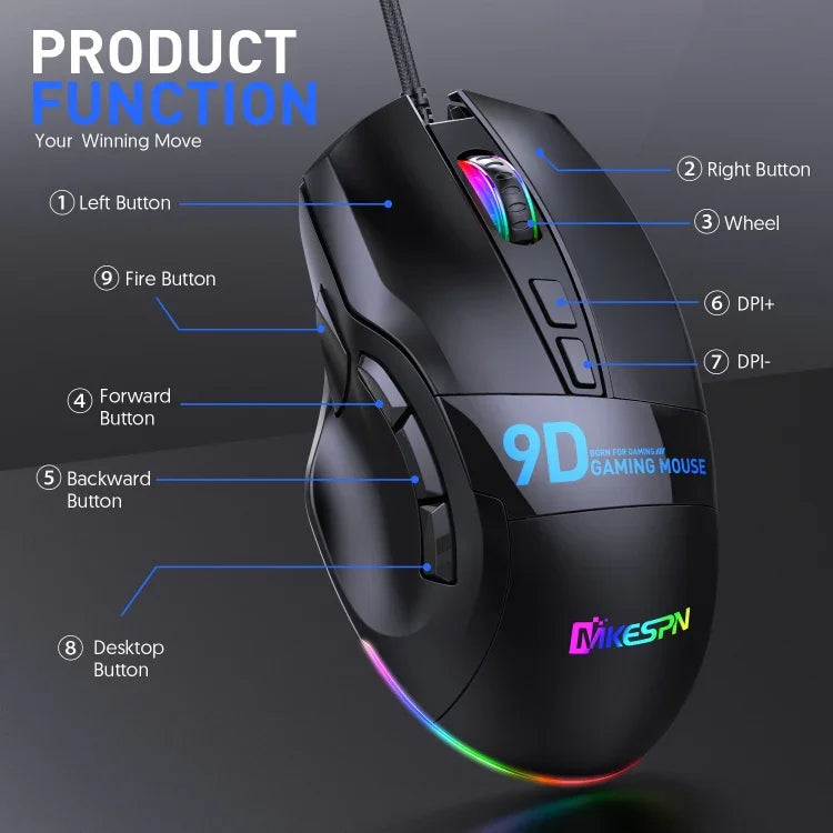 MKESPN X10 9-Buttons RGB Wired Macro Definition Gaming Mouse, Macro Definition