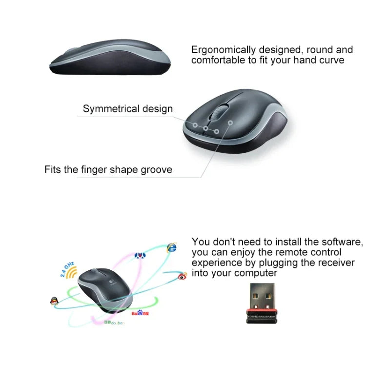 Logitech M185 2.4GHz 3-keys 1000DPI Wireless Optical Mouse, Wireless Range: 10m