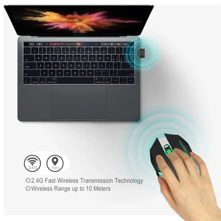 HXSJ M10 2.4GHz 6-keys USB Rechargeable Colorful Lighting Ergonomic 2400DPI Wireless Optical Gaming Mouse for Desktop Computers, M10